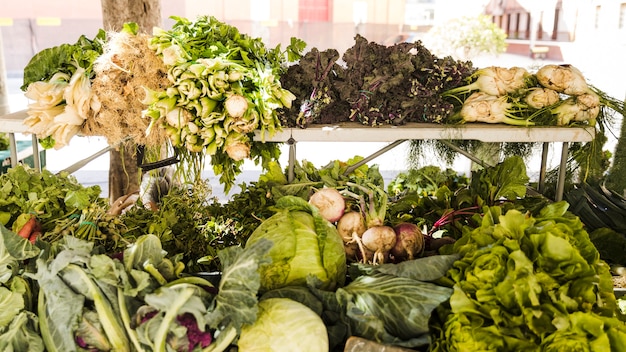 Foto gratuita todo tipo de vegetales saludables en el mercado de agricultores.