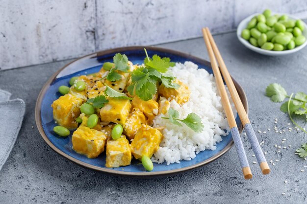 Tofu cocido saludable con salsa y arroz