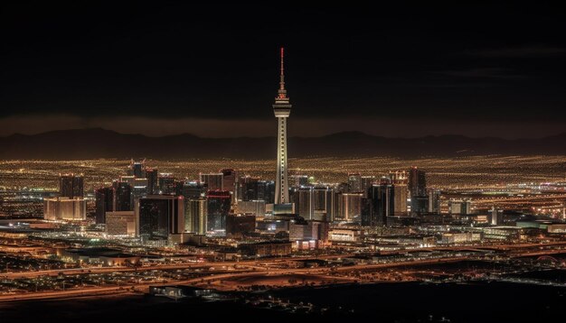 El Tokyo Sky Tree iluminado se eleva sobre las concurridas calles de la ciudad al atardecer generado por IA