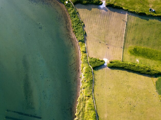 Toma aérea de un campo cerca del océano turquesa asumido el control de la flota, Weymouth, Dorset, Reino Unido