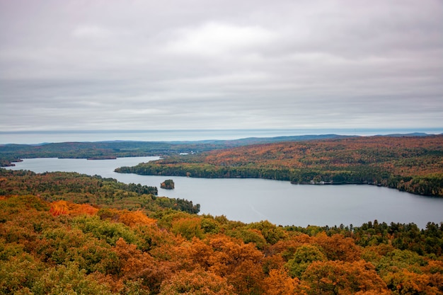 Toma aérea de un hermoso bosque colorido con un lago en medio bajo un cielo gris sombrío