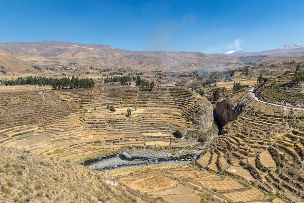 Toma aérea del hermoso Cañón del Colca bajo el cielo azul capturado en Perú