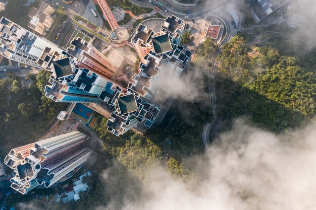 Toma aérea de la vista superior del paisaje urbano de Hong Kong