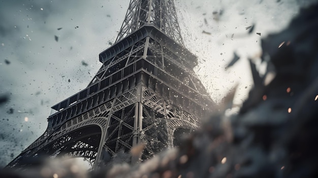 Foto gratuita toma cinematográfica de la caída y ruptura de la torre eiffel