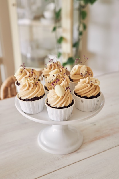 Toma de enfoque selectivo de deliciosos cupcakes de chocolate con cobertura de crema blanca