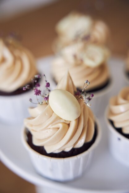 Toma de enfoque selectivo de deliciosos cupcakes de chocolate con cobertura de crema blanca