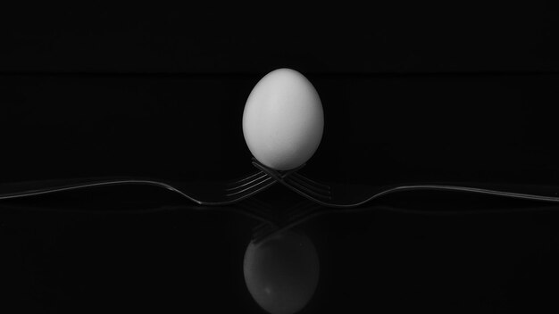 Toma en escala de grises de un huevo en dos tenedores