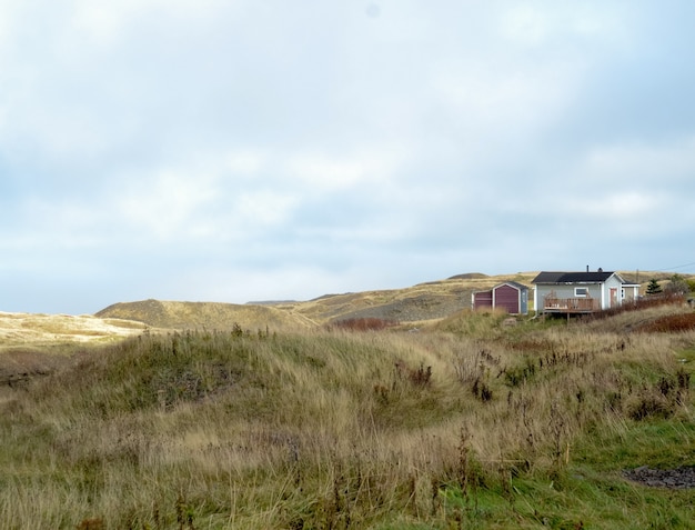 Toma de paisaje de un campo de hierba seca con una casa visible en la distancia