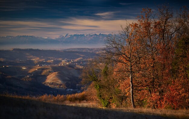 Toma de paisaje de una descripción general langhe piamonte italia con un cielo blanco claro