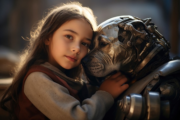 Toma un plano medio, una chica futurista y un perro.