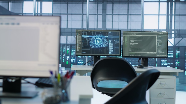 Foto gratuito toma un primer plano de los scripts de ia que se muestran en los monitores de pc