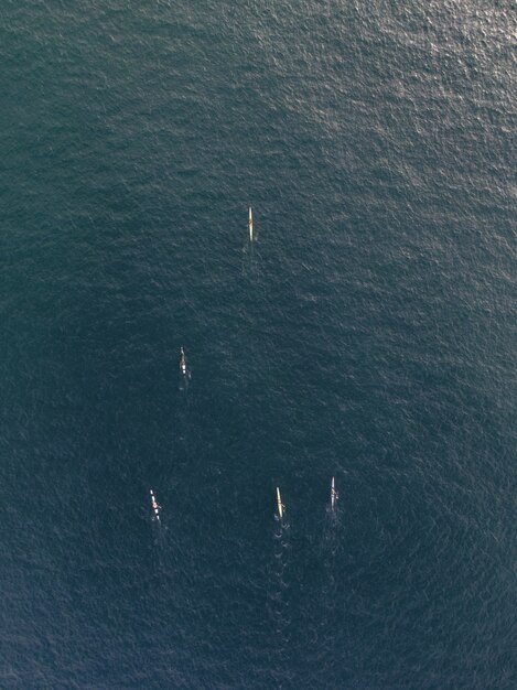 Toma vertical aérea de personas en botes de kayak remando en un agua clara y tranquila del océano