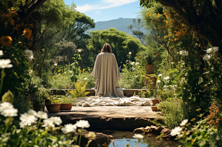 Foto gratuito tomada completa de jesús en la naturaleza