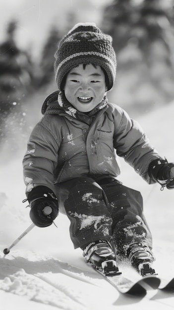 Tomada completa de un niño esquiando monocromático