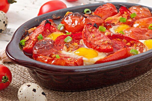 Tomates al horno con ajo y huevos decorados con cebolla verde