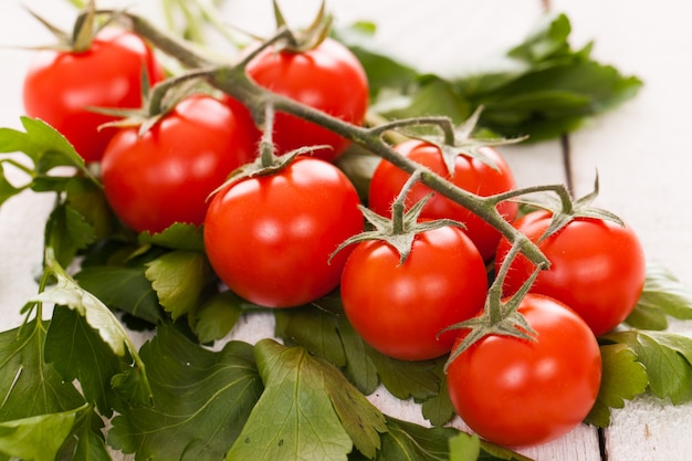 Tomates cherry en una rama con perejil