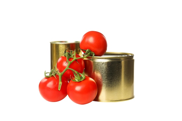 Tomates enlatados de Papua Nueva Guinea aislados sobre un fondo blanco