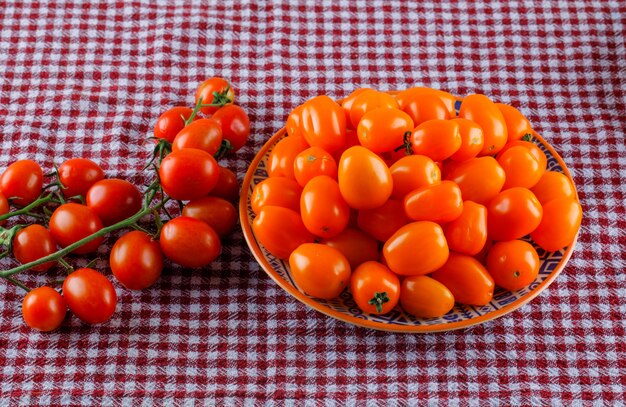 Tomates frescos en un plato sobre un paño de picnic.