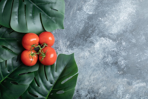 Tomates rojos maduros con un montón de hojas sobre la superficie de mármol