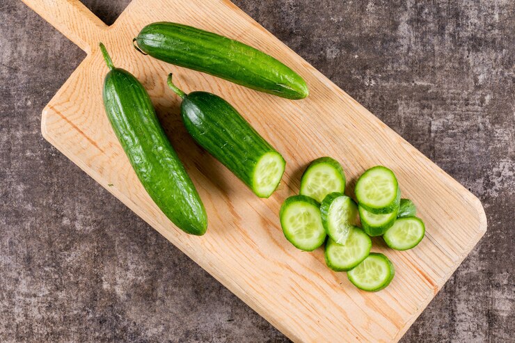 Photo Gratis top view cucumber sliced on wooden cutting board on brown stone  horizontal 1