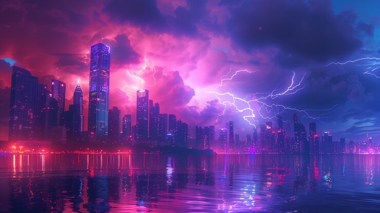 Tormenta eléctrica sobre la ciudad por la noche