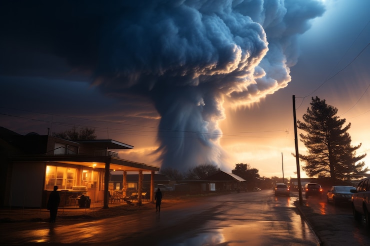 Foto gratuito tornado extremo cerca de casas