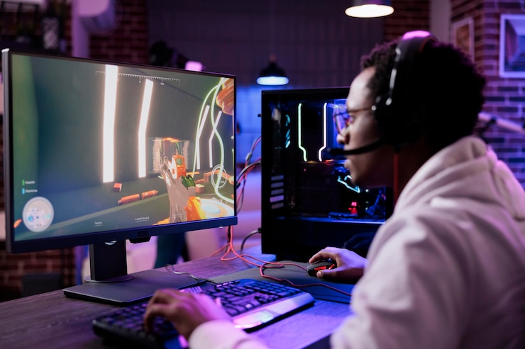 Foto gratuito torneo de videojuegos de transmisión en vivo para adultos jóvenes en pc en línea con múltiples jugadores, jugando juegos de acción en la computadora. streamer masculino con auriculares disfrutando de la competencia de juegos.