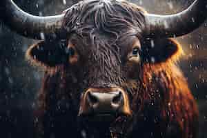 Foto gratuita un toro en el retrato de la lluvia mira enojado