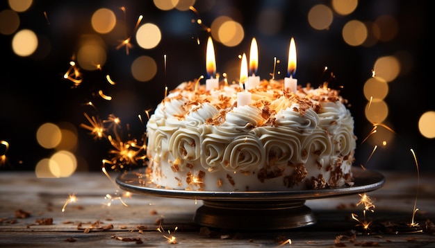 Foto gratuita torta de cumpleaños con crema batida y decoración a la luz de las velas generada por inteligencia artificial