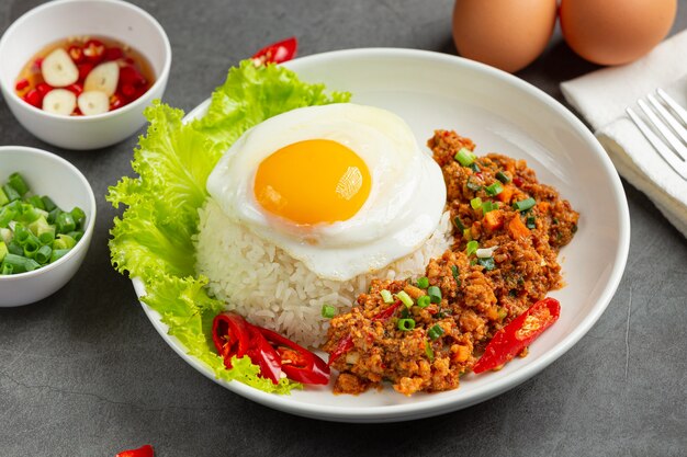 Tortilla crujiente cubierta con carne de cerdo picada y salsa de verduras mixtas