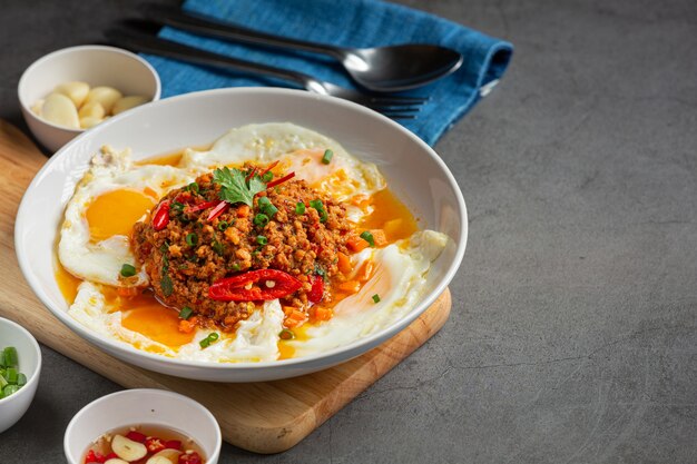 Tortilla crujiente cubierta con carne de cerdo picada y salsa de verduras mixtas