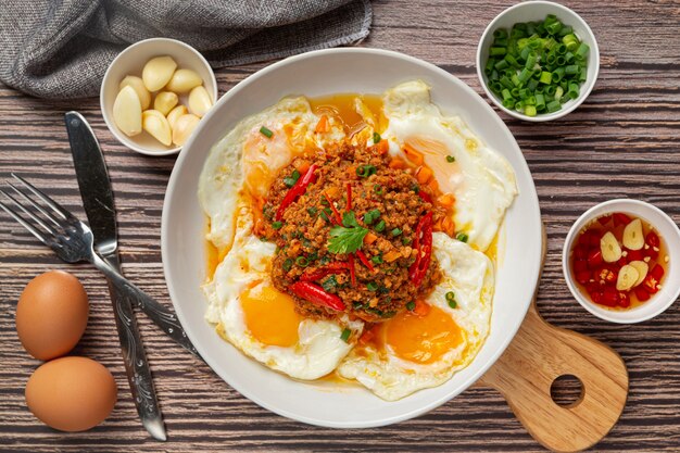 Tortilla crujiente cubierta con carne de cerdo picada y salsa de verduras mixtas