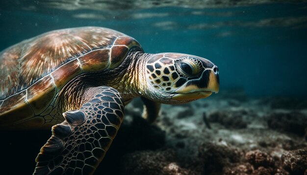 Tortuga carey nadando en un arrecife de coral multicolor generado por IA