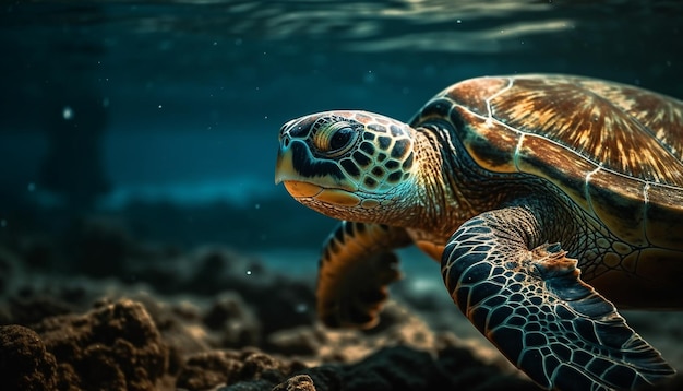 Tortuga marina azul nadando en un arrecife tropical generado por IA