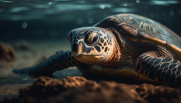 Foto gratuita tortuga marina en peligro de extinción se arrastra en la costa arenosa generada por ia