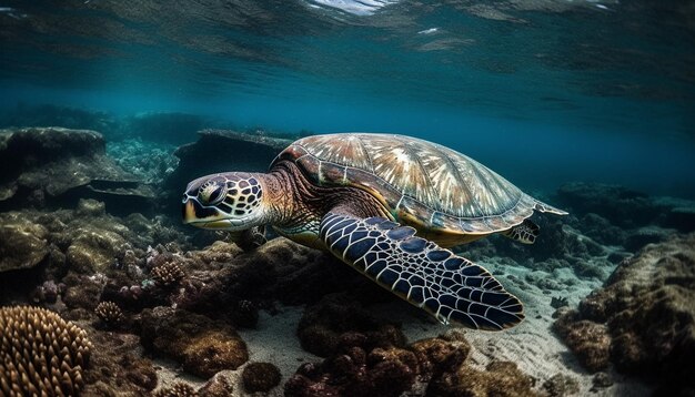 Una tortuga marina verde nada en las aguas de las islas Galápagos.