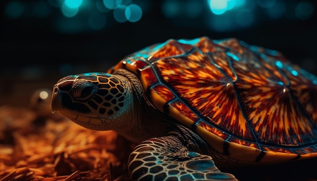 Una tortuga con un patrón de colores naranja y azul está sobre un coral.