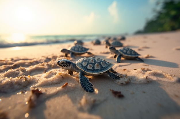 Tortugas bebés naciendo en la playa