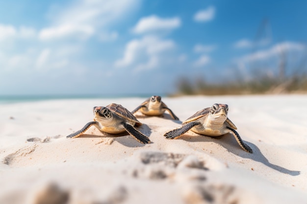 Foto gratuita tortugas bebés naciendo en la playa