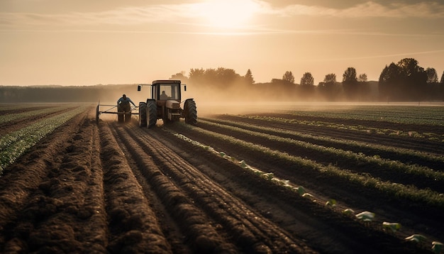 Un trabajador agrícola que conduce un tractor se prepara para la cosecha generada por IA