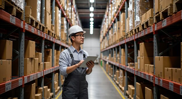 Trabajador de almacén comprobando el inventario en una tableta