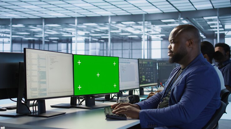 Foto gratuito trabajador del centro de datos mirando el rendimiento de monitoreo de la maqueta de pc
