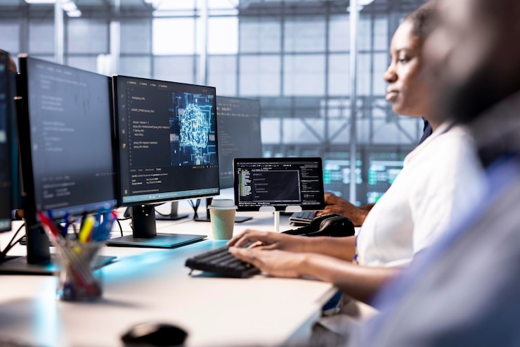 Foto gratuito trabajador de un centro de datos que utiliza modelos computacionales de inteligencia artificial