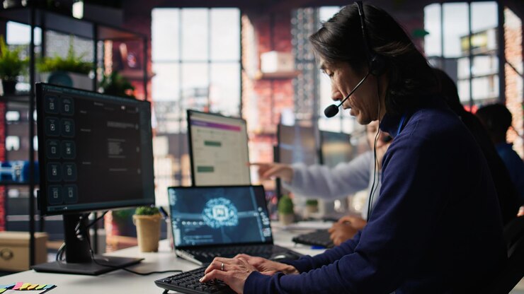 Foto gratuito trabajador de un centro de llamadas que llega al trabajo usando inteligencia artificial en una computadora portátil