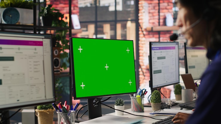 Foto gratuito trabajador del centro de llamadas resolviendo problemas de los clientes utilizando una pc de pantalla verde