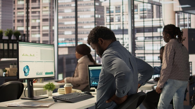 Foto gratuito trabajador de una compañía afroamericana tomando un descanso para estirar la espalda en la oficina