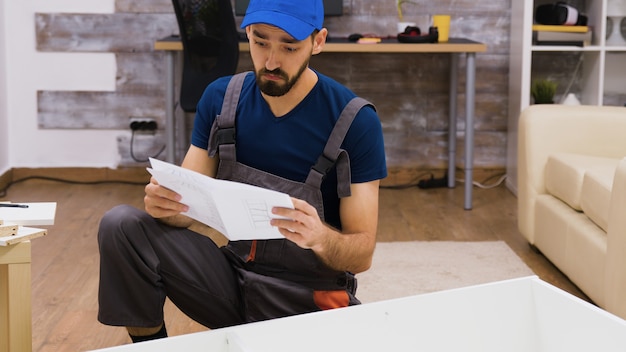 Trabajador confundido con un mono leyendo las instrucciones para el montaje de muebles con una gorra.