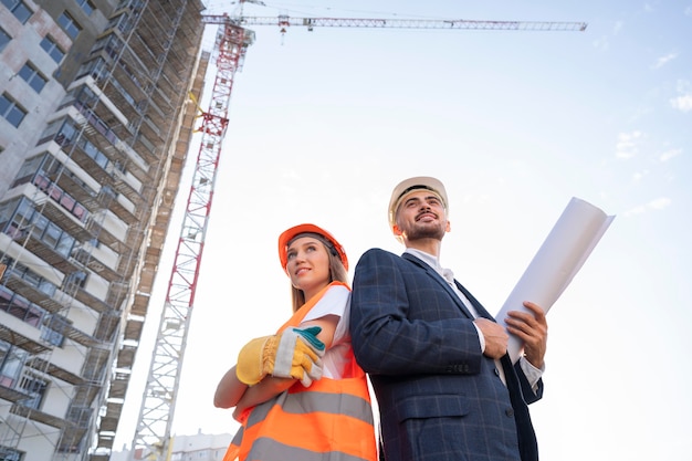 Trabajador de la construcción y la construcción en el sitio con el arquitecto.