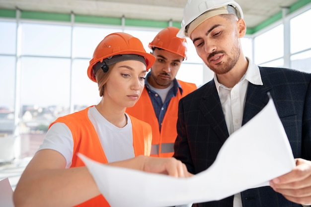 Trabajador de la construcción y la construcción en el sitio con el arquitecto.