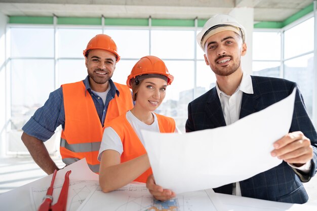 Trabajador de la construcción y la construcción en el sitio con el arquitecto.